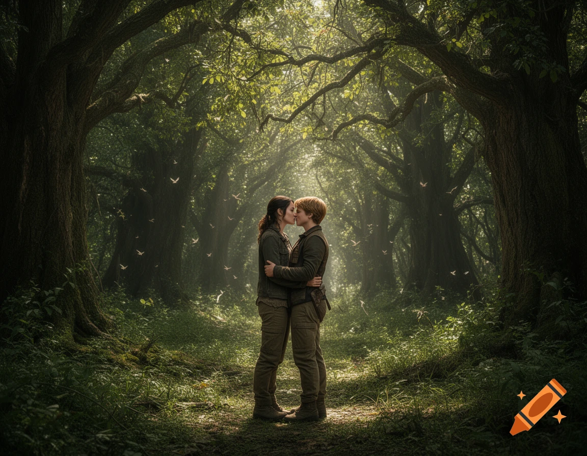 Two individuals, reminiscent of Katniss and Peeta, share a tender kiss in a sun-dappled, mystical forest.