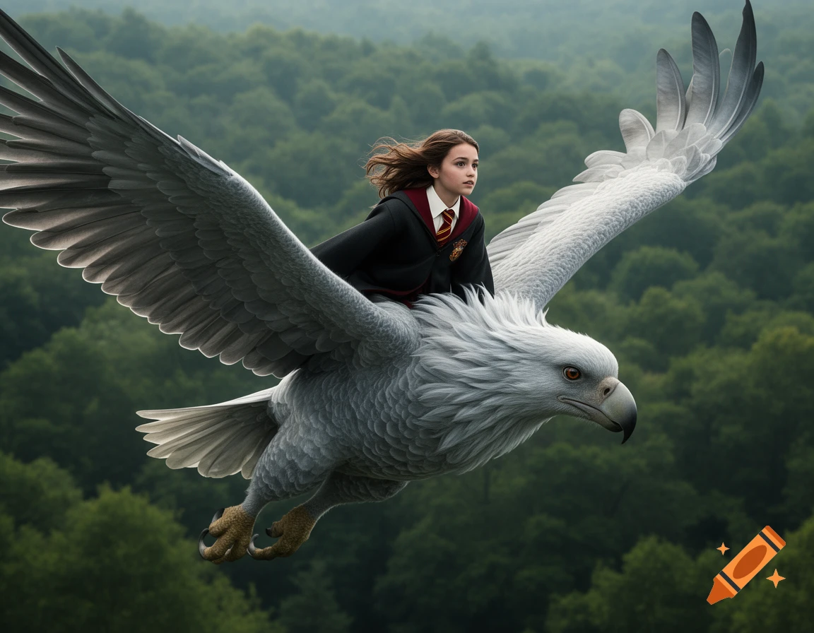 A young girl in a Hogwarts uniform rides a majestic white eagle-like creature high above a green forest in photorealistic style.
