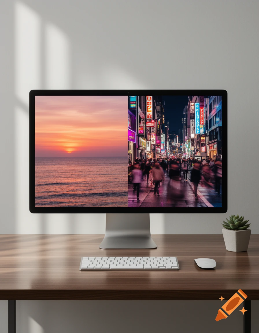 A computer monitor on a wooden desk displays a split image of a sunset over the ocean and a neon-lit city street at night. A keyboard, mouse, and small plant are also on the desk.