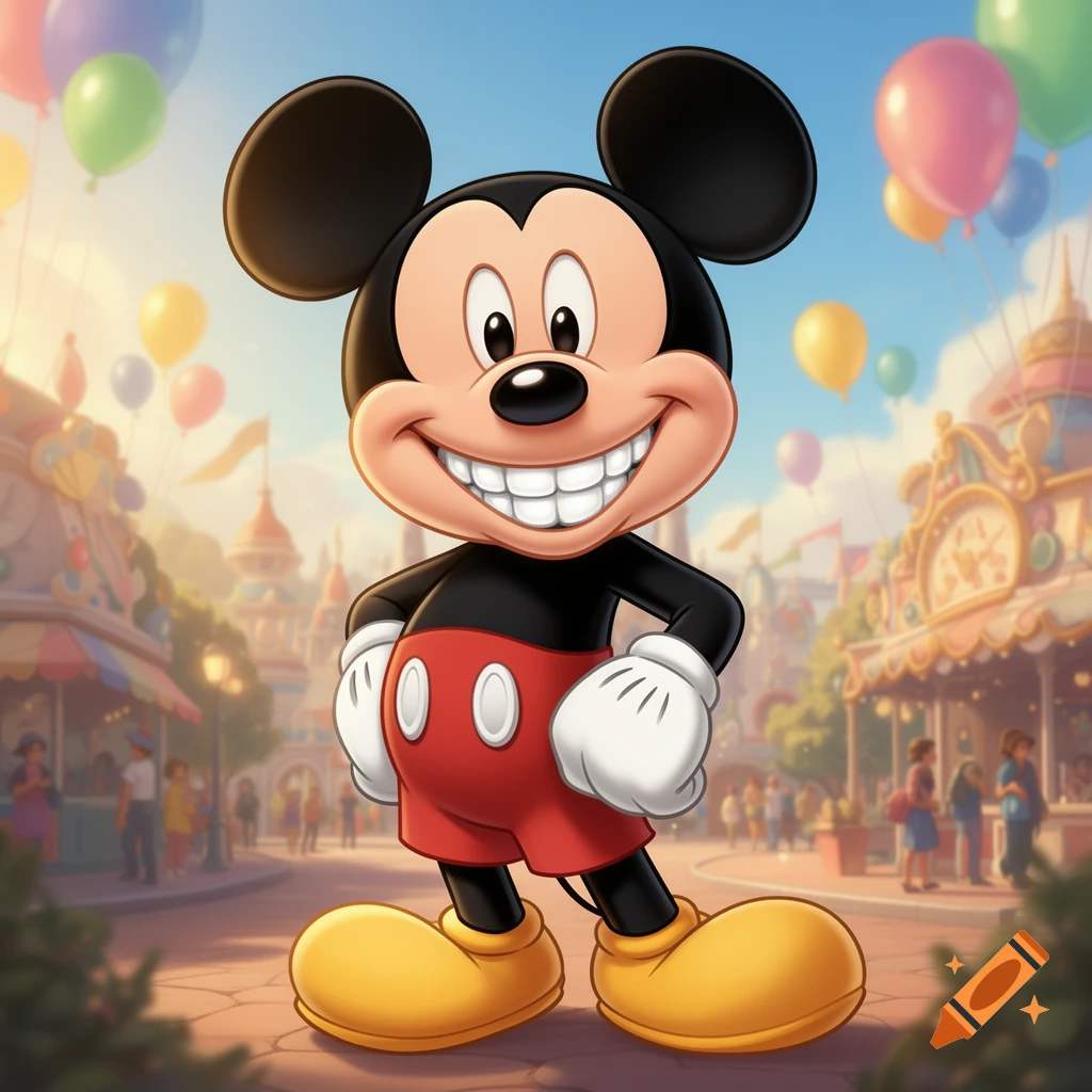 A smiling Mickey Mouse cartoon character stands in a sunny theme park with balloons.