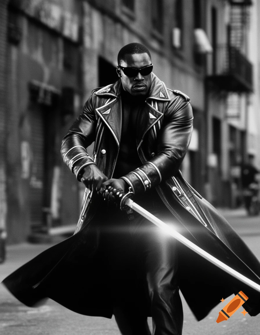 Black and white photorealistic image of Wesley Snipes as Blade, holding a glowing sword in an urban setting.