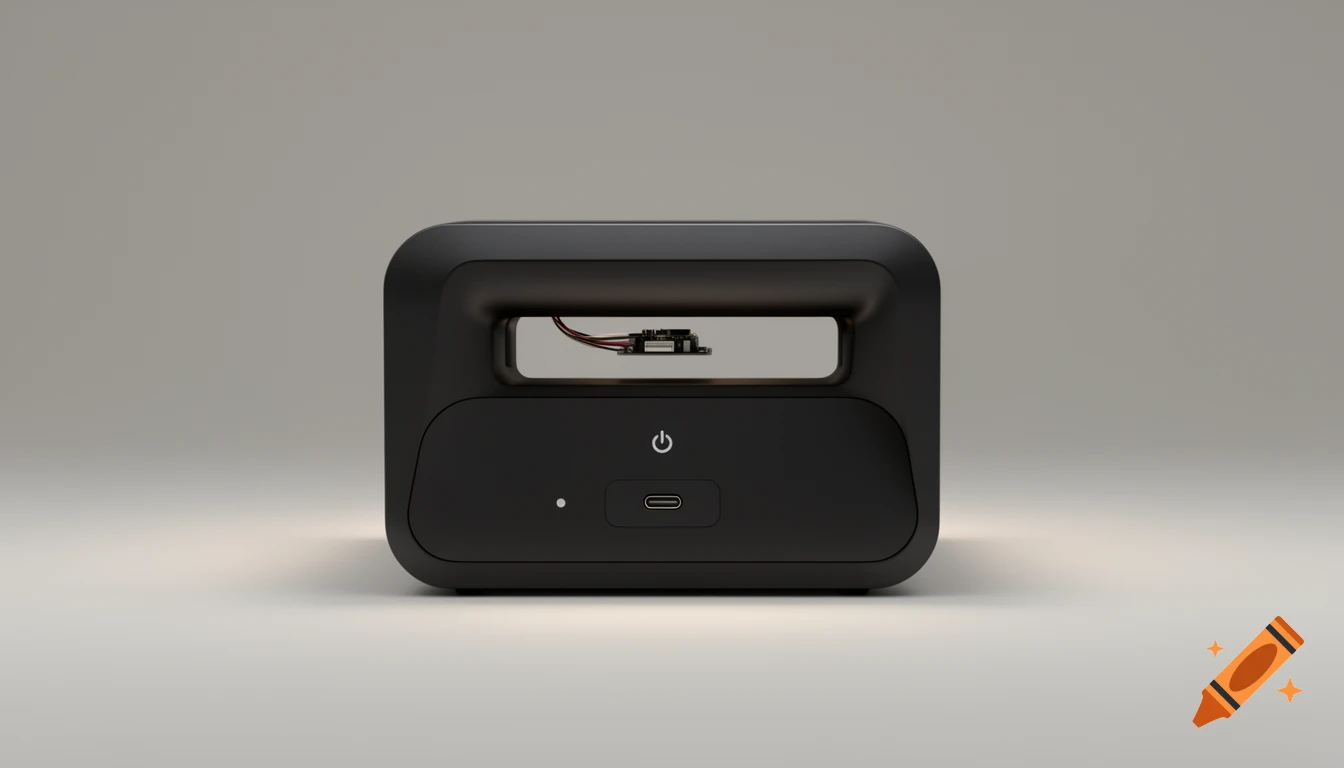 A minimalist matte black desktop electronic device with a power button, status LED, and USB-C port, featuring a window revealing internal circuitry.