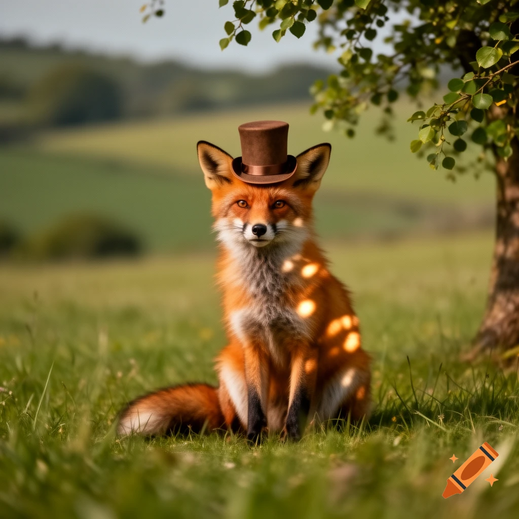 Photorealistic fox in a brown top hat sits in a grassy field under a tree.