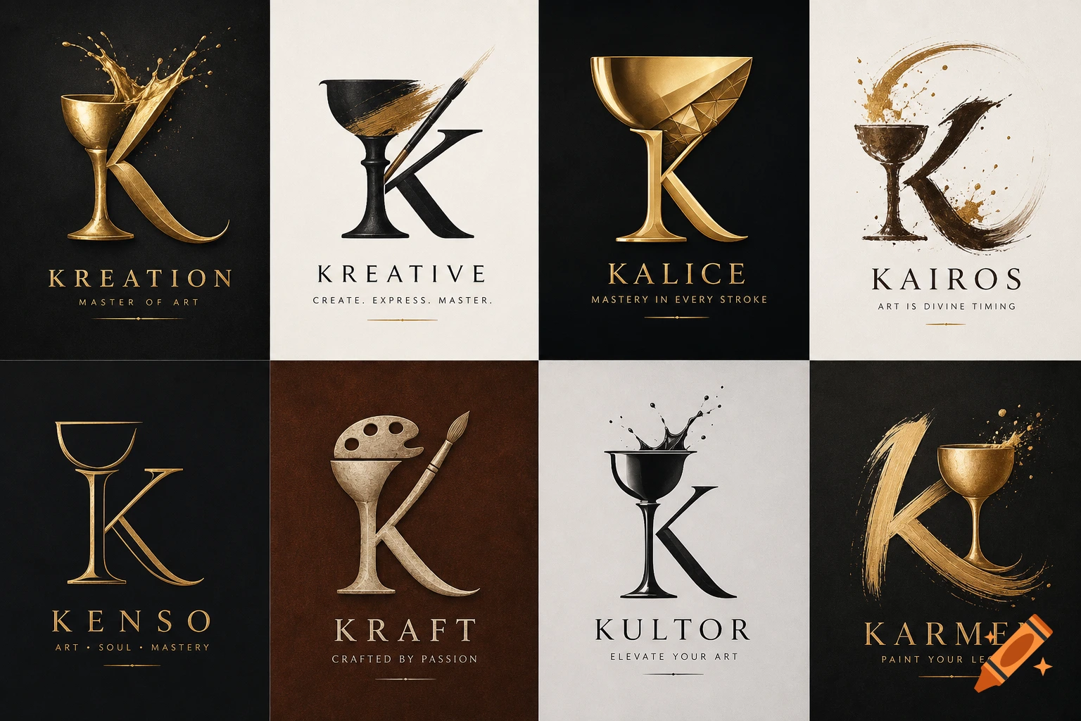 Eight artistic logos, each featuring the letter 'K' intertwined with a chalice or goblet, rendered in gold, black, and white, with paint splatters and brush strokes, against alternating dark and light backgrounds.