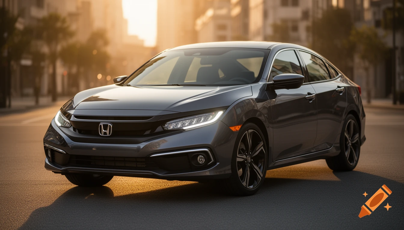 A dark gray Honda Civic sedan is parked on an urban street during golden hour, with its LED headlights illuminated.