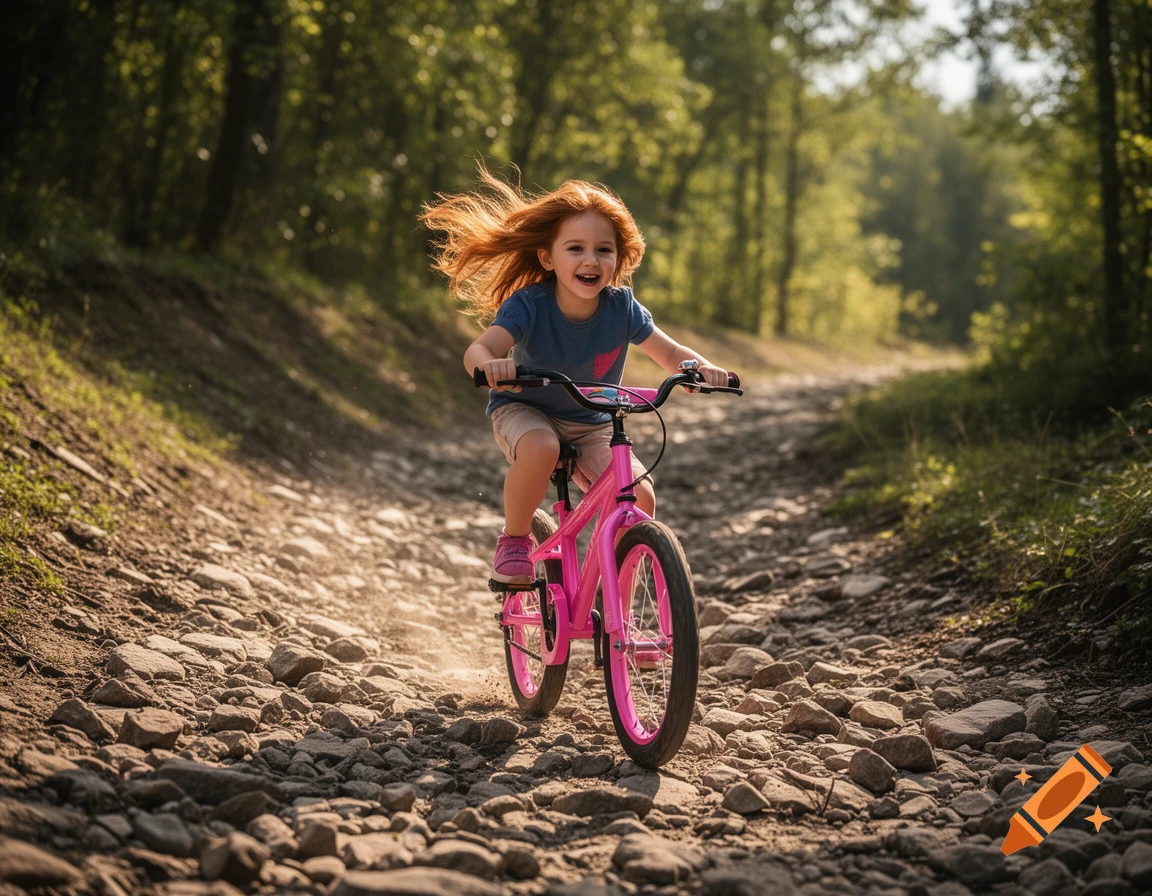 A joyful red-haired little girl on a pink bicycle rides down a rocky forest path, her hair flying in the wind.