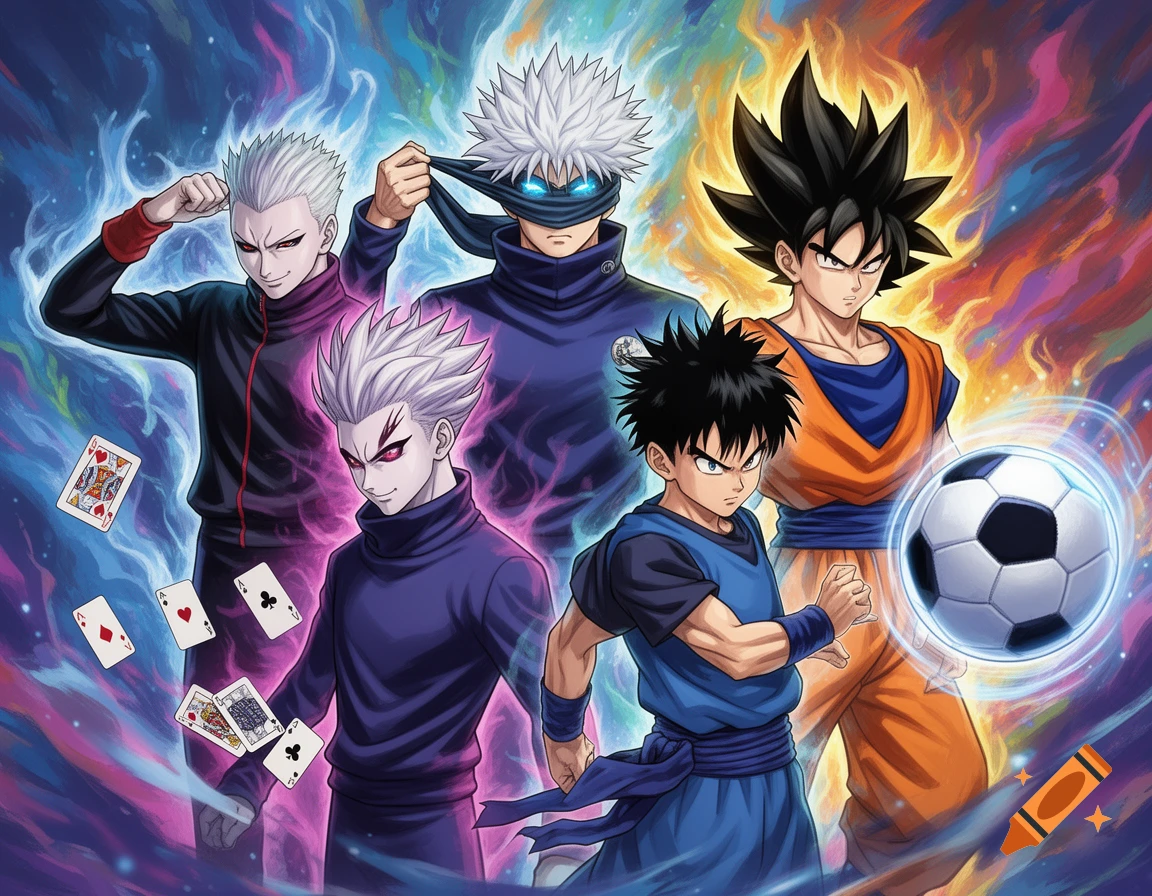 Four anime-style male characters, including Gojo, Gohan, and others, stand amidst colorful mystical energy with floating playing cards and a soccer ball.