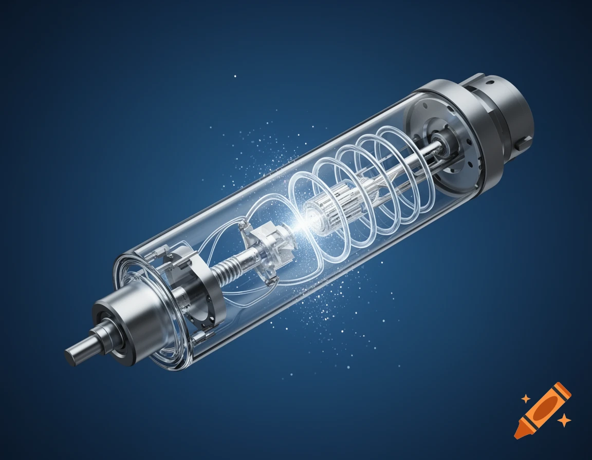 Detailed 3D render of a microfocus X-ray tube, showing internal metallic components and glowing energy within a clear glass cylinder.