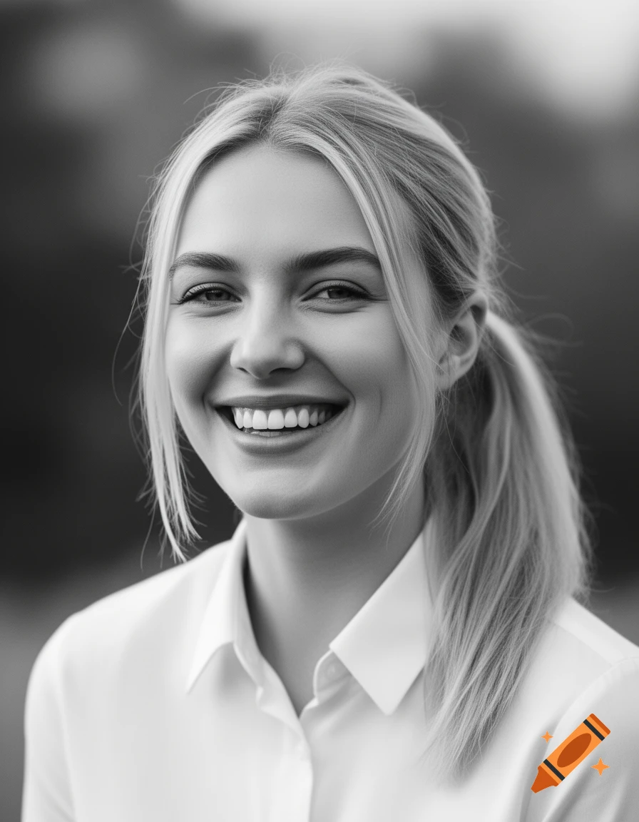 Black and white portrait of a smiling young blonde woman in a white collared shirt, with her hair in a ponytail and a blurred background.