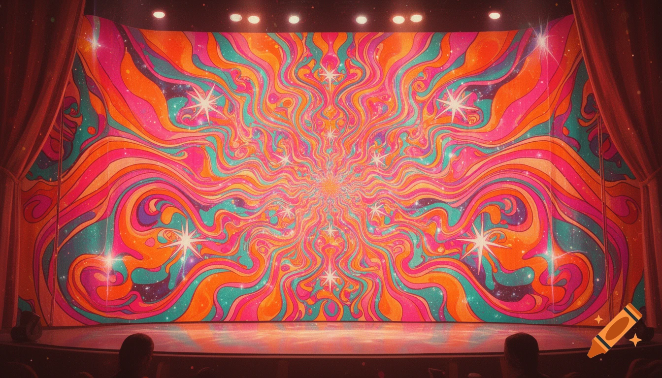 A stage with red curtains framing a vibrant, swirling psychedelic backdrop in pink, orange, teal, and purple with sparkly stars.