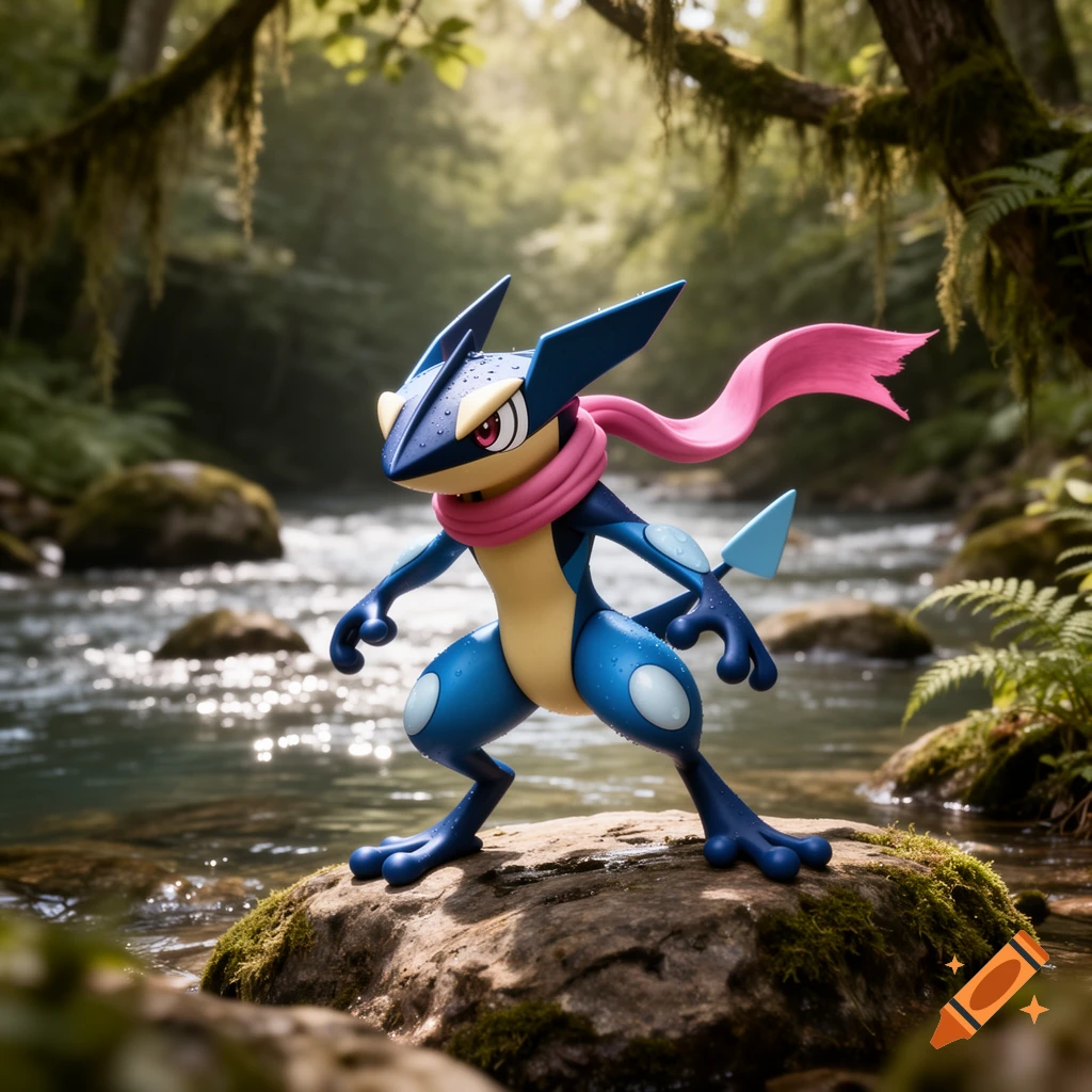Photorealistic Greninja, a blue and yellow frog-like Pokémon with a pink scarf-like tongue, stands on a mossy rock in a forest stream.