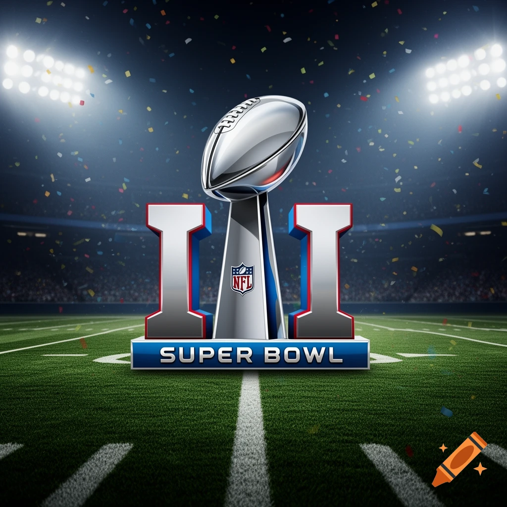 Photorealistic image of the Super Bowl LI trophy on a football field in a stadium with confetti falling.