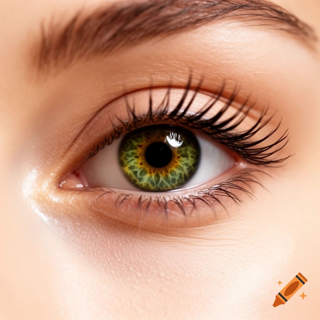 An extreme macro close-up of a human eye with a hazel iris and a constricted pupil, featuring long, dark eyelashes.