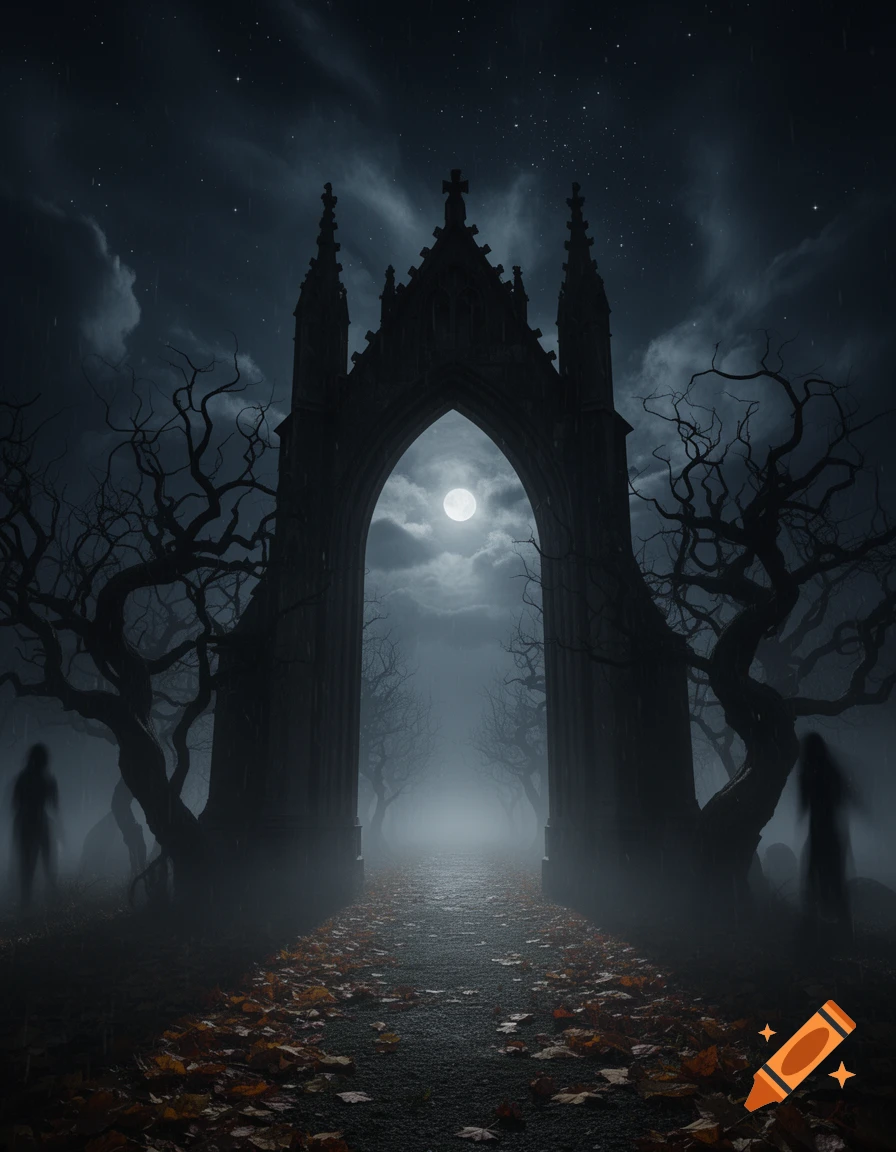 A dark gothic archway leads to a foggy path under a full moon, flanked by gnarled trees and ghostly figures, in a moody, surreal style.