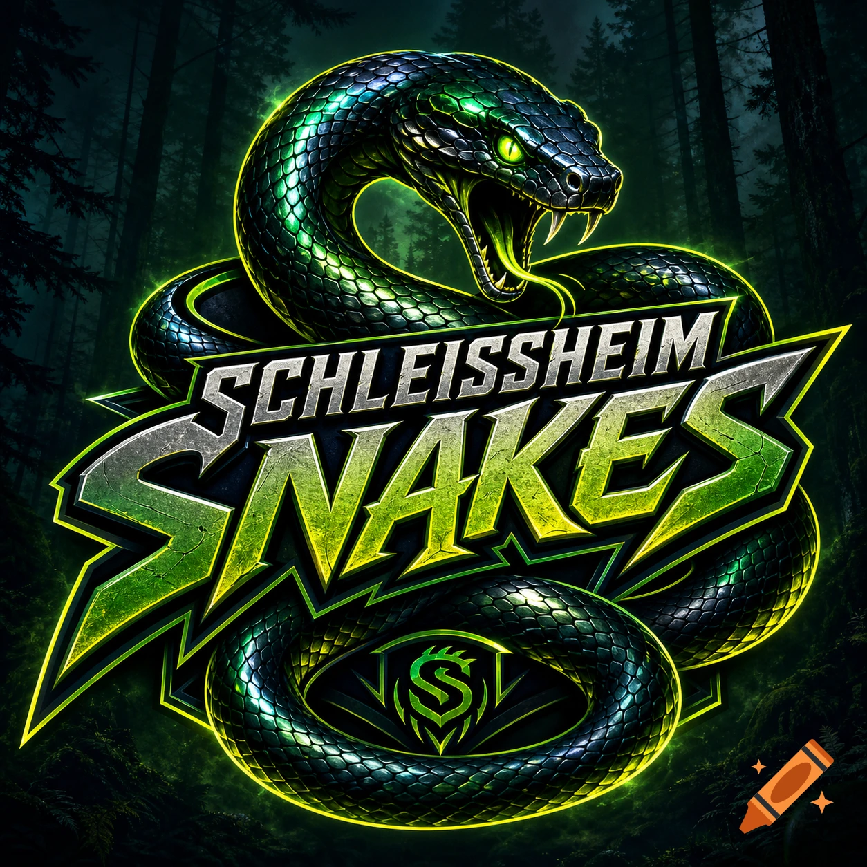 A vibrant logo for "Schleissheim Snakes" featuring a coiled, metallic green and black snake with glowing eyes and fangs, set against a dark, misty forest background. The text "SCHLEISSHEIM SNAKES" is prominent in a bold, metallic font.