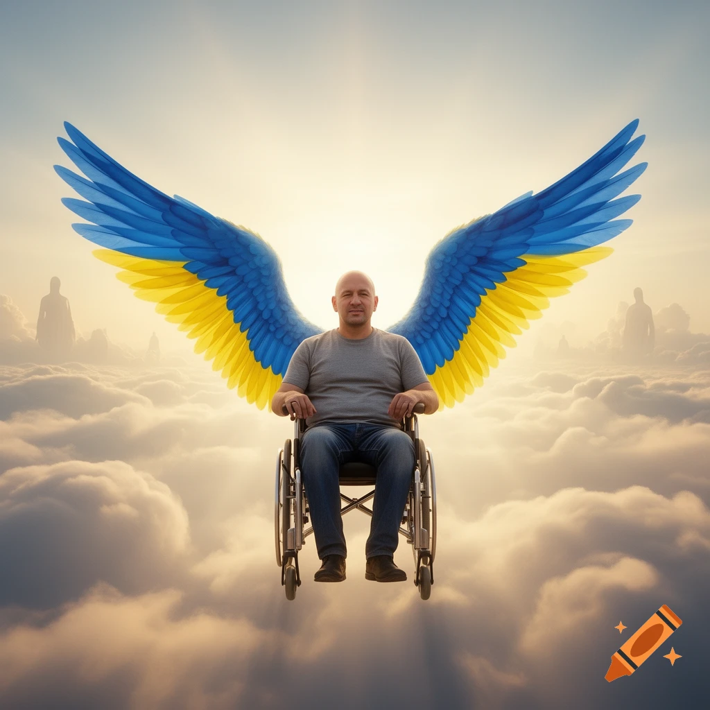 A bald man in a wheelchair with large blue and yellow wings, like the Ukrainian flag, floats above clouds with heavenly light.