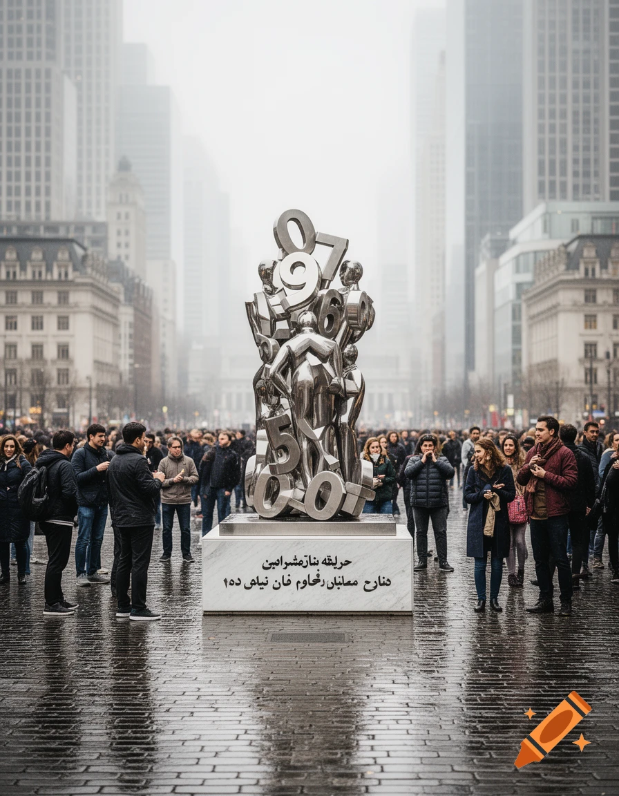 A large, metallic sculpture made of numbers and stylized human figures stands in a misty city street, surrounded by pedestrians on a wet, reflective pavement.