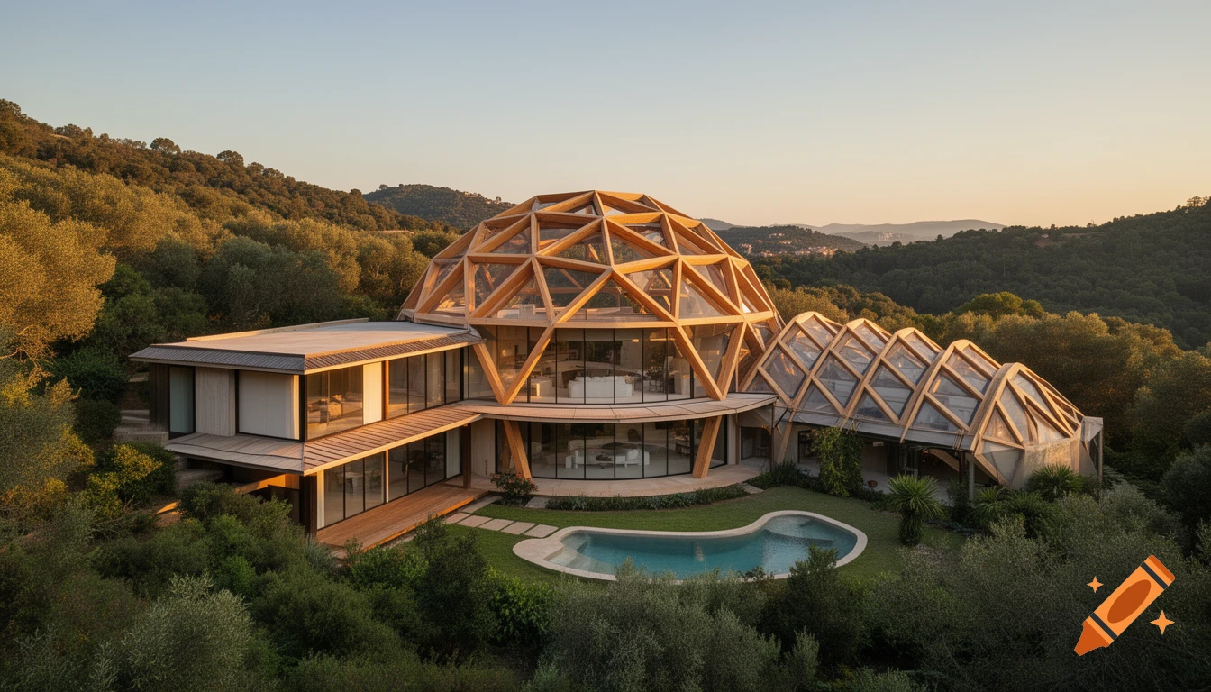 Aerial view of a striking modern villa with a large wooden geodesic dome structure and a pool, nestled in lush green hills during golden hour.