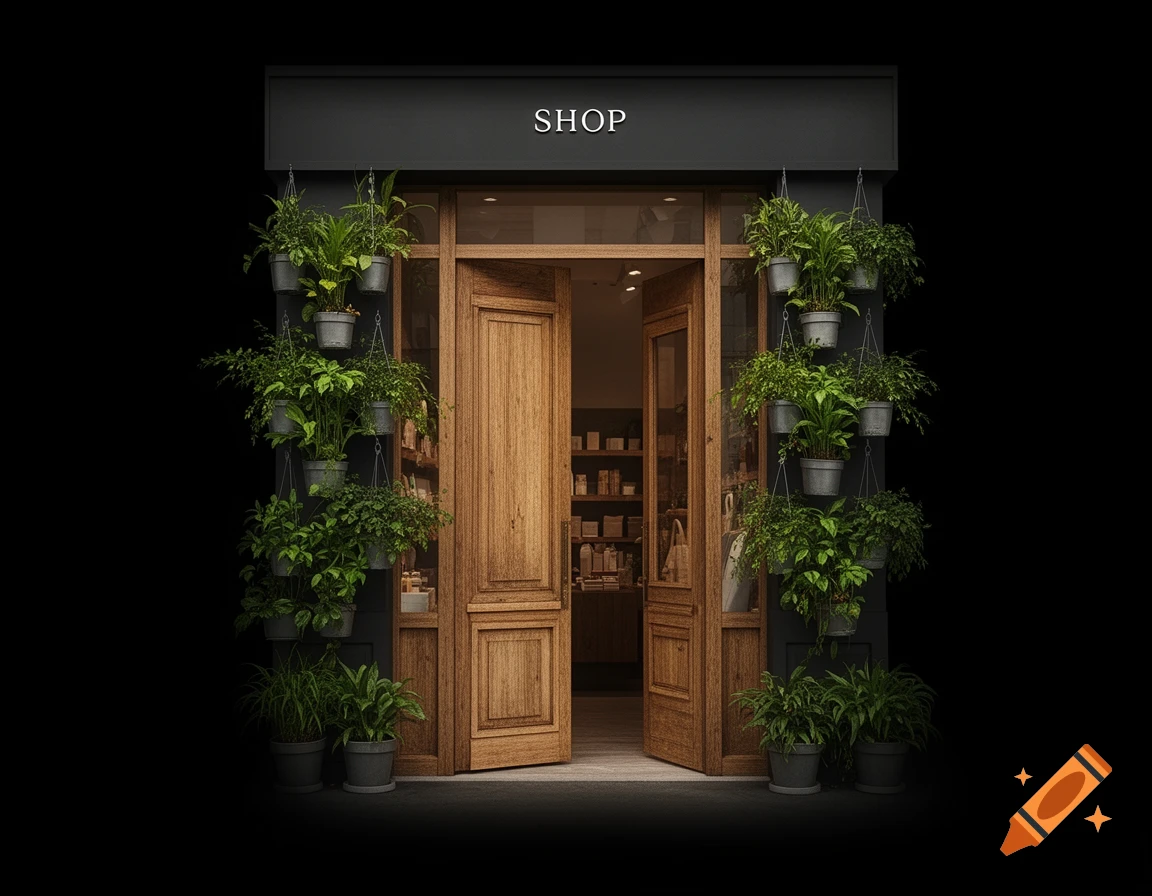 A photorealistic image of a shop entrance with wooden double doors, framed by potted plants on a black background.