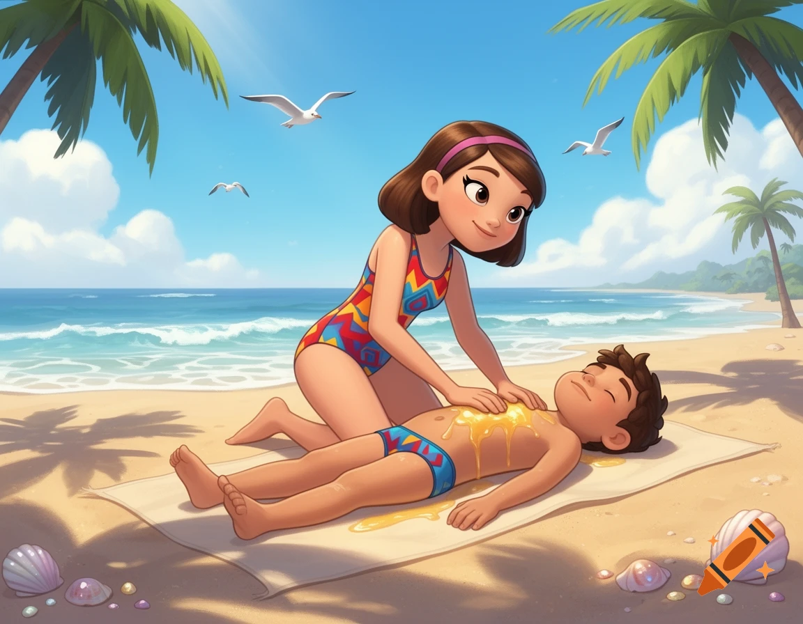 A cartoon girl in a colorful swimsuit applies oil or honey to a boy lying on a towel on a sunny beach with palm trees and seagulls.