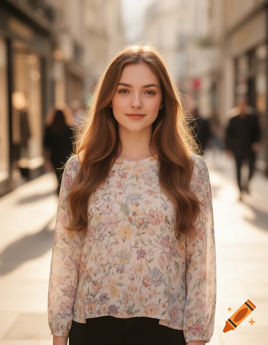 A young woman with long brown hair wearing a floral top smiles in a sunlit street.