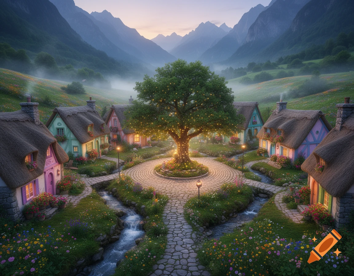 A magical village with colorful, thatched-roof cottages and a central tree lit with golden lights, set in a misty mountain valley with streams.