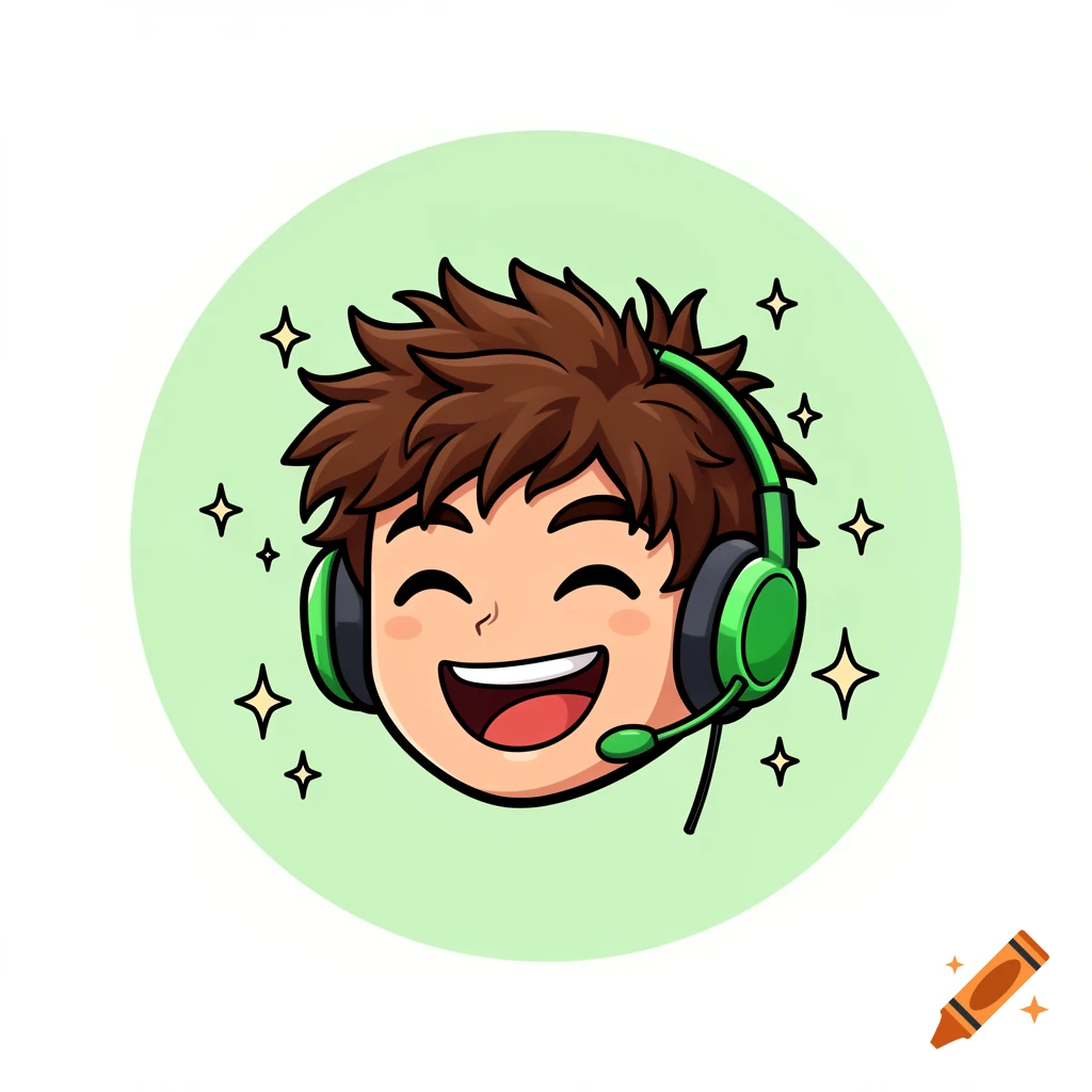 Happy cartoon boy with messy brown hair and a green headset, smiling with closed eyes, surrounded by sparkles on a light green circle background.
