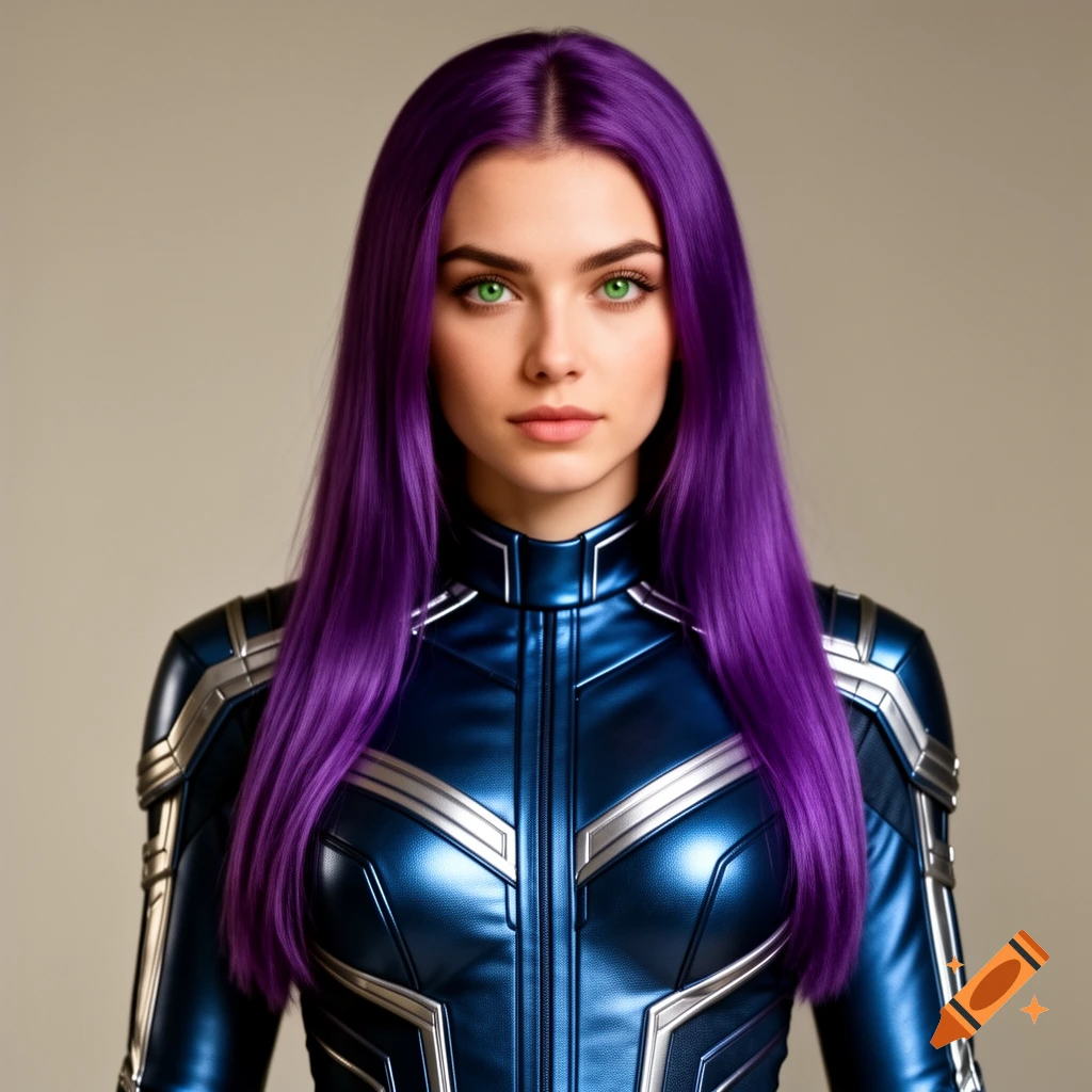 A photorealistic portrait of a woman with long purple hair and green eyes, wearing a metallic blue and silver superhero uniform.