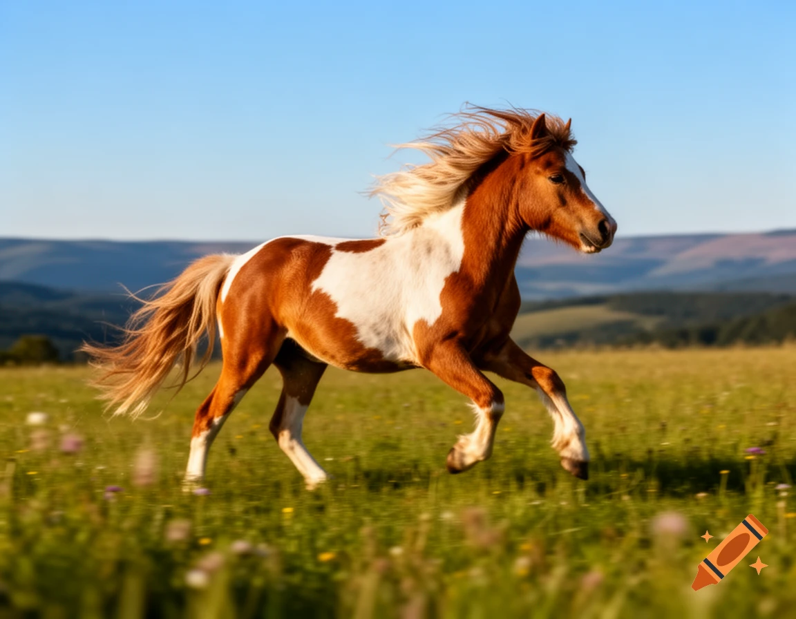 A brown and white pony gallops through a sunny green field with mountains in the background.