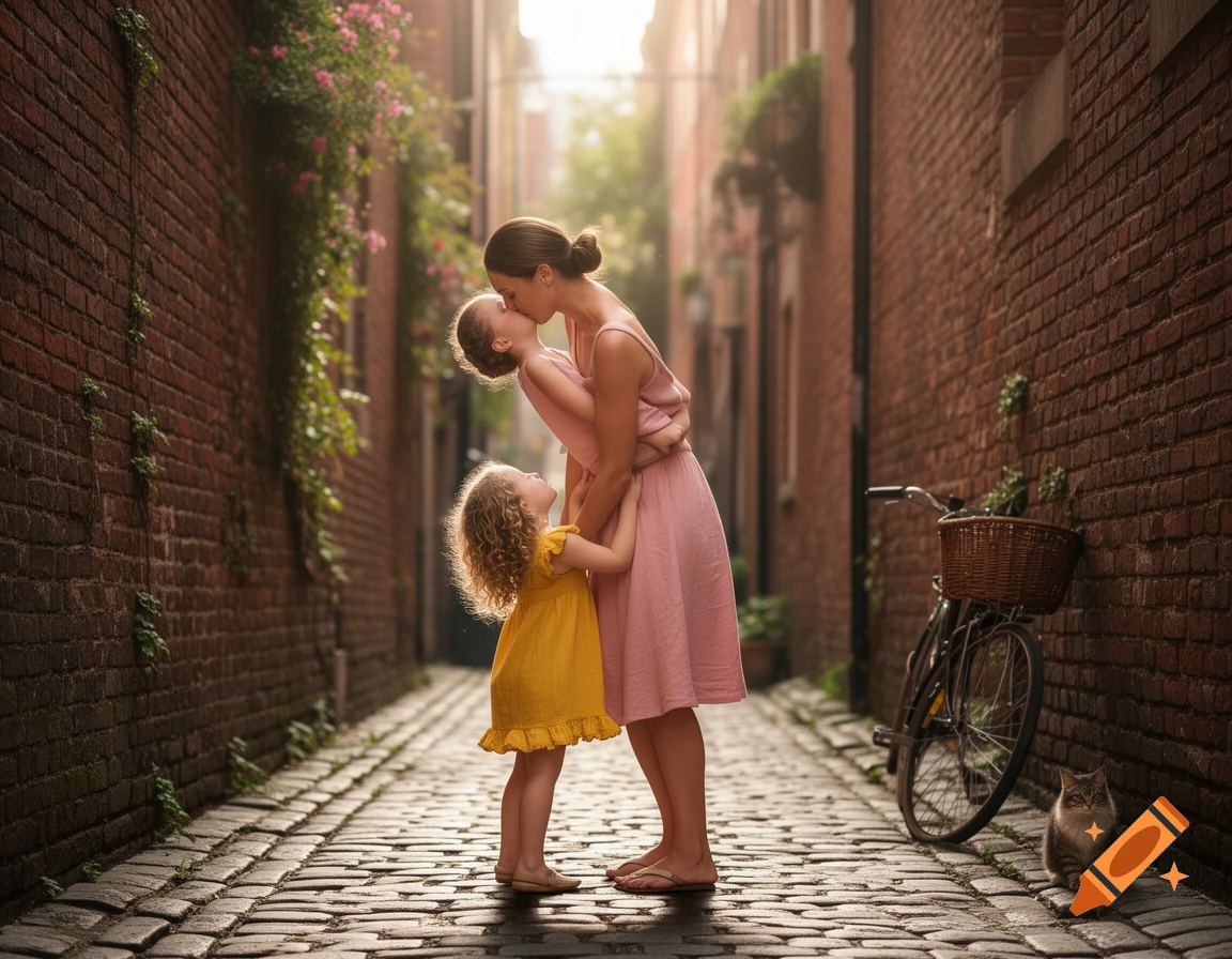 A mother kisses her daughter in a sunlit cobblestone alleyway, with brick walls and a bicycle nearby. A cat sits on the cobblestones.