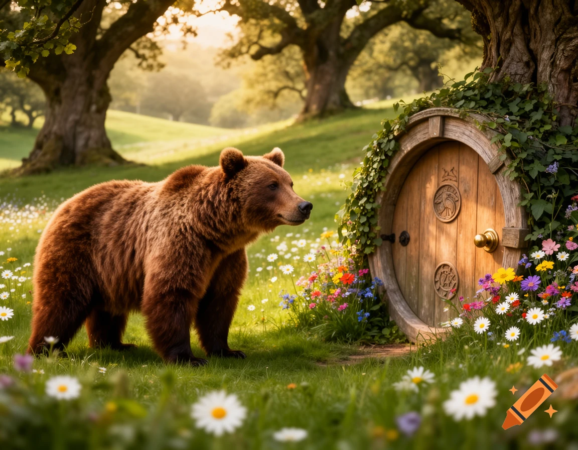 A photorealistic brown bear stands in a flower-filled field, looking at a Hobbit-style round wooden door built into a tree.