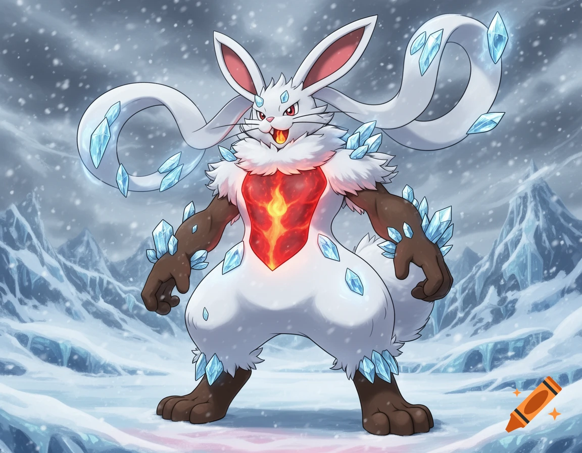 A bipedal white rabbit-like creature with brown arms, glowing red chest, and ice crystals on its fur, stands in a snowy mountain landscape.