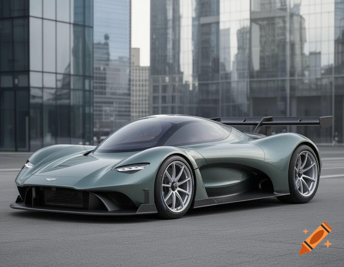 A sleek, dark green sports car with a large rear spoiler sits on asphalt in front of modern glass skyscrapers.
