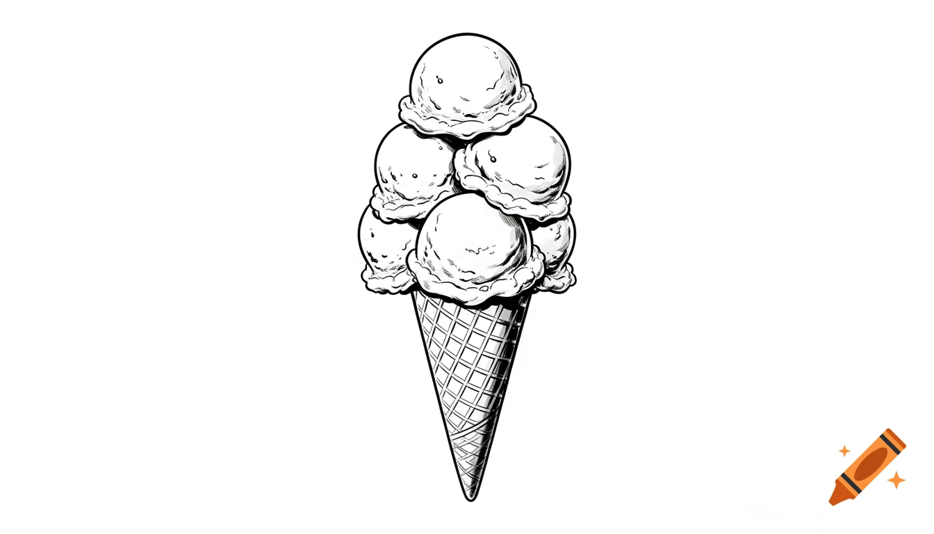 Black and white comic-style illustration of an ice cream cone with six scoops stacked.