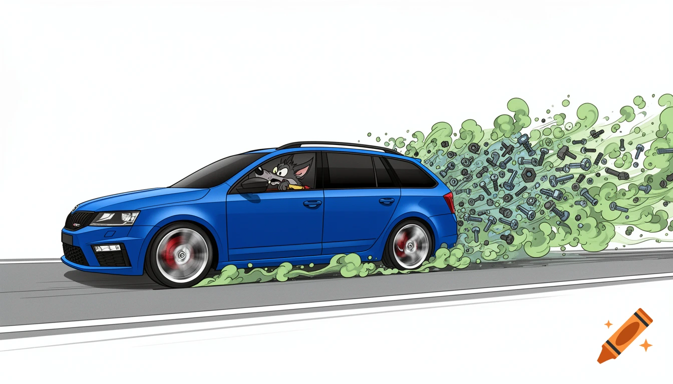 A blue Skoda Octavia vRS wagon, driven by the cartoon wolf from Nu, Pogodi!, speeds down a road with green smoke and car parts flying out, in a 2D vector art style.
