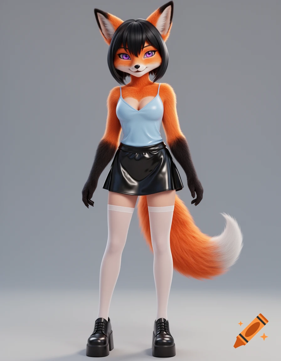 A 3D render of an anthropomorphic fox girl with orange fur, black hair, purple eyes, wearing a light blue camisole, black vinyl skirt, white thigh-high stockings, and platform shoes.