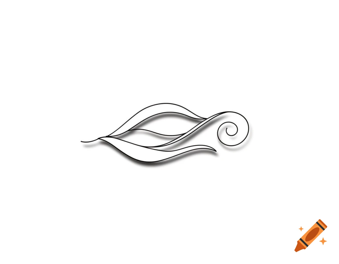 A minimalist black line drawing featuring a swirling, leaf-like flourish on a white background.