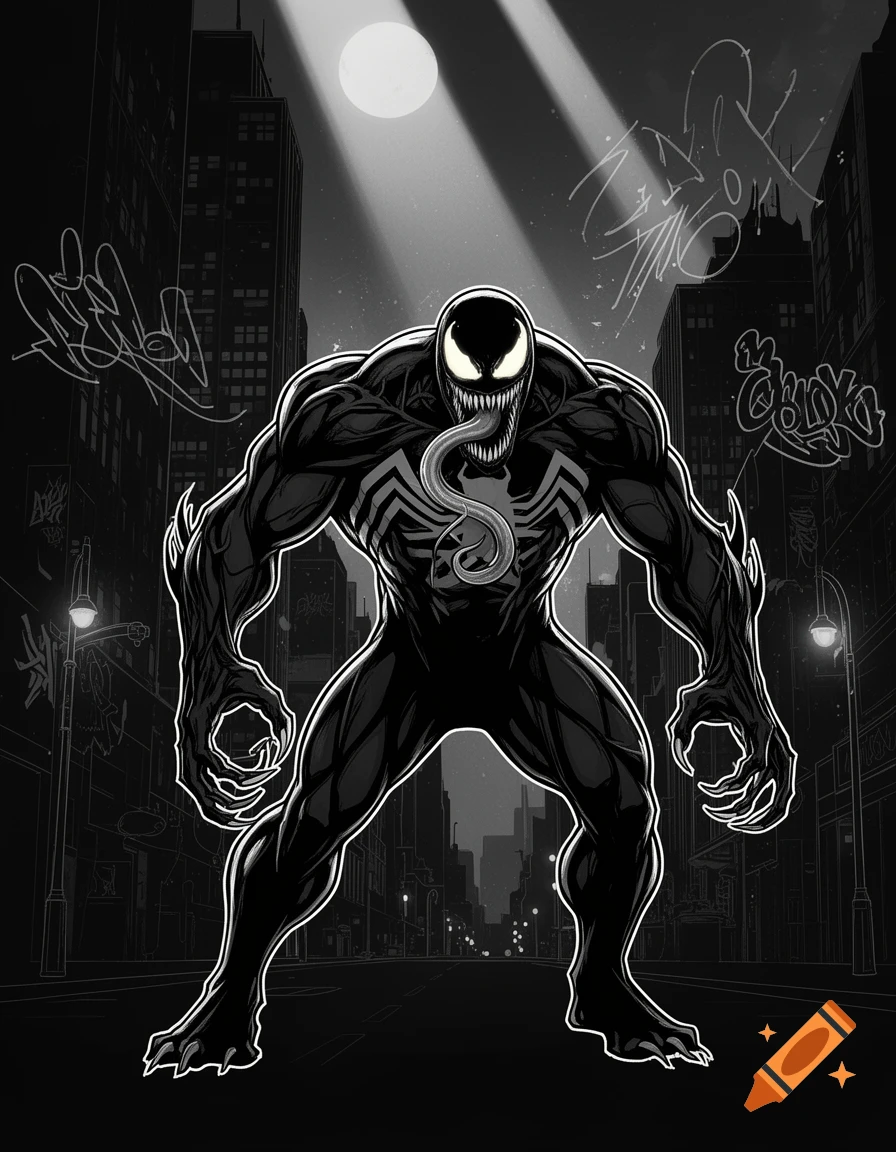 Stylized black and white drawing of Venom in an urban cityscape under a moonlit sky.