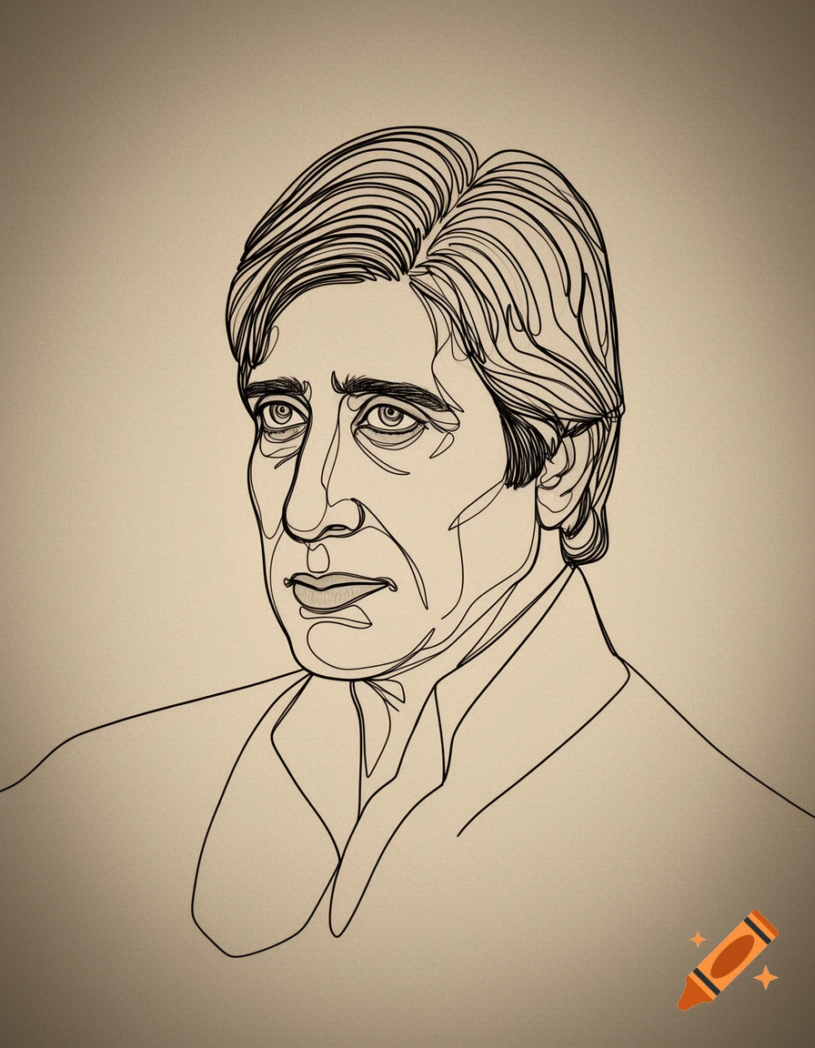 A single line art portrait of Amitabh Bachchan looking slightly to the left, rendered in black lines on a light beige background.