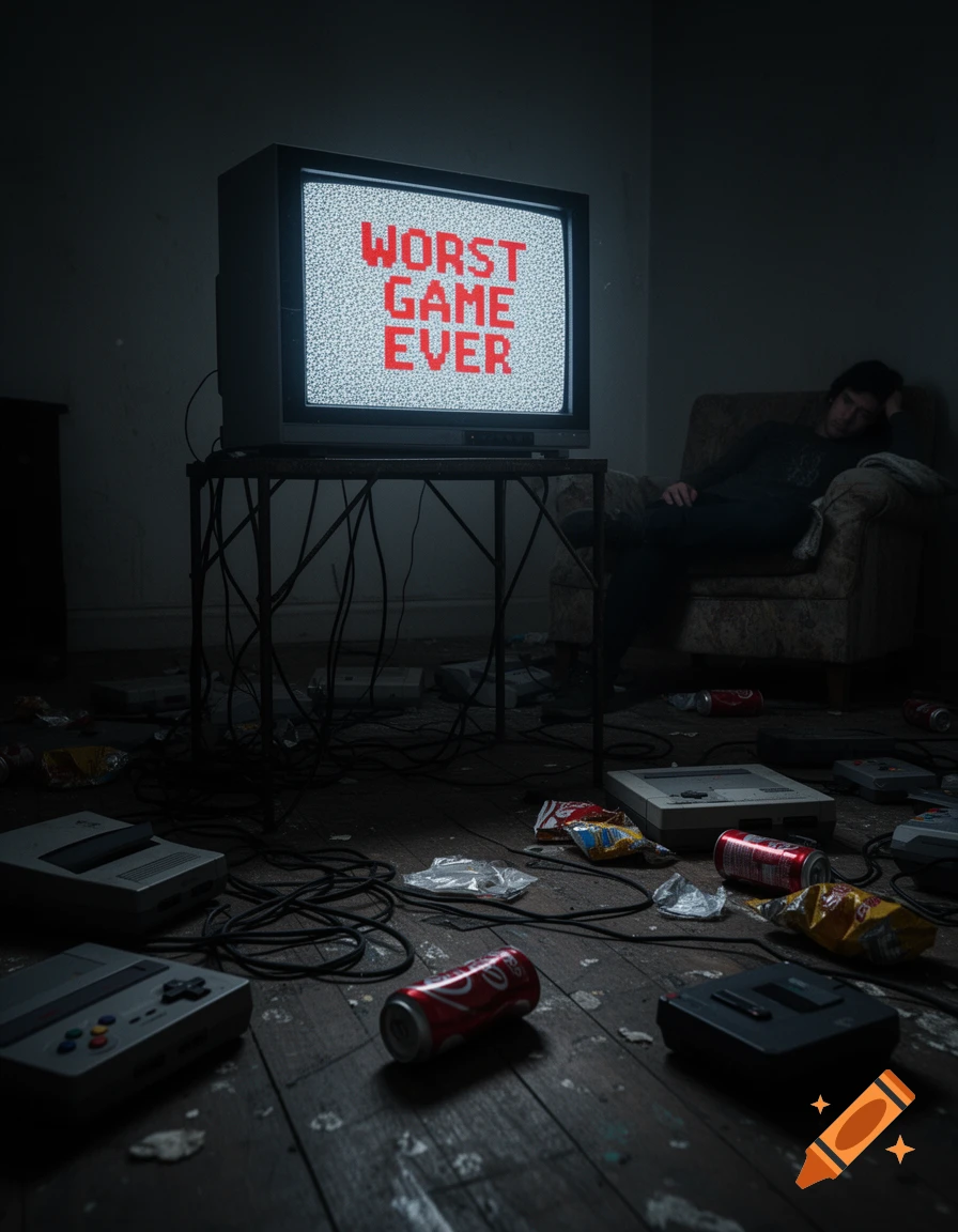 A person slumps in a chair in a dark, messy room with an old TV displaying 'WORST GAME EVER' and gaming consoles on the floor.