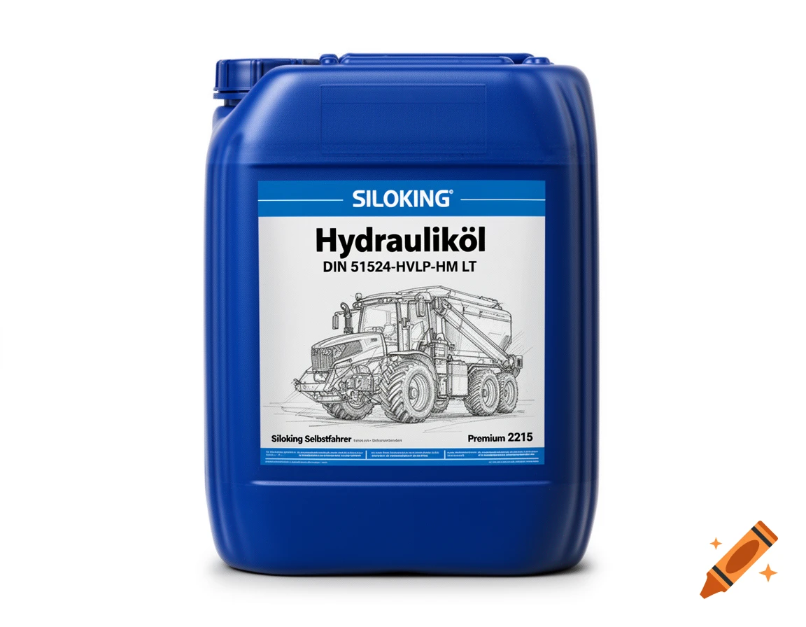 Photorealistic image of a blue plastic canister with a label for Siloking hydraulic oil, featuring a line drawing of a self-propelled machine.