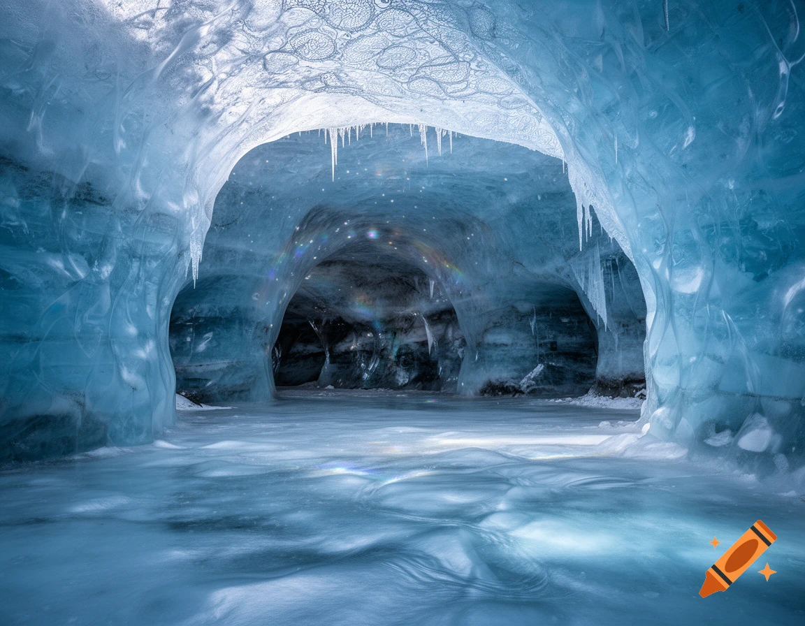 A stunning blue ice cave featuring intricate patterns on the ceiling, hanging icicles, and a reflective, rippled ice floor.