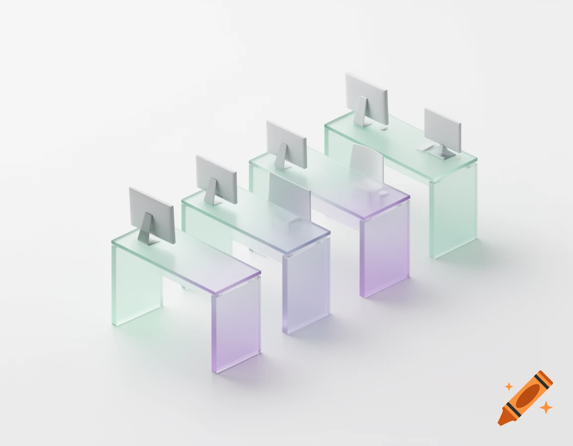 Isometric 3D render of frosted translucent glass office desks with tiny computer monitors, in mint green and purple on a white background.