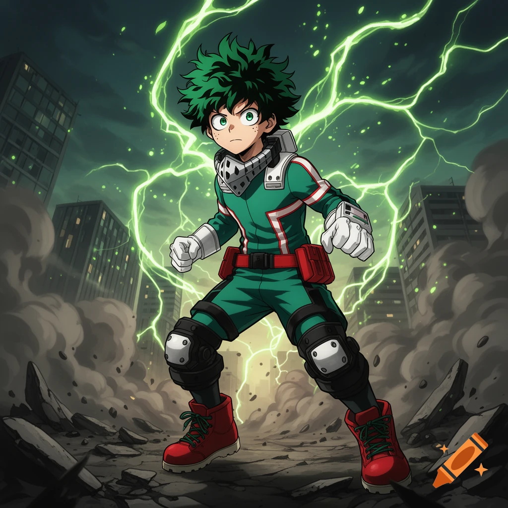 Anime character Deku from My Hero Academia in an action pose, surrounded by green lightning, with a destroyed city background.