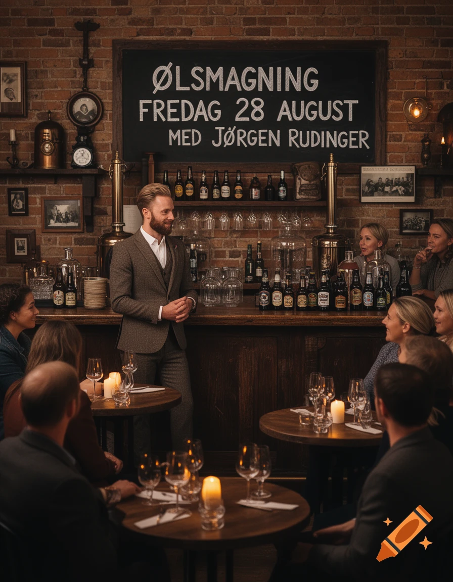 A man in a suit speaks to a group of people at a beer tasting event in a rustic bar with a chalkboard sign.