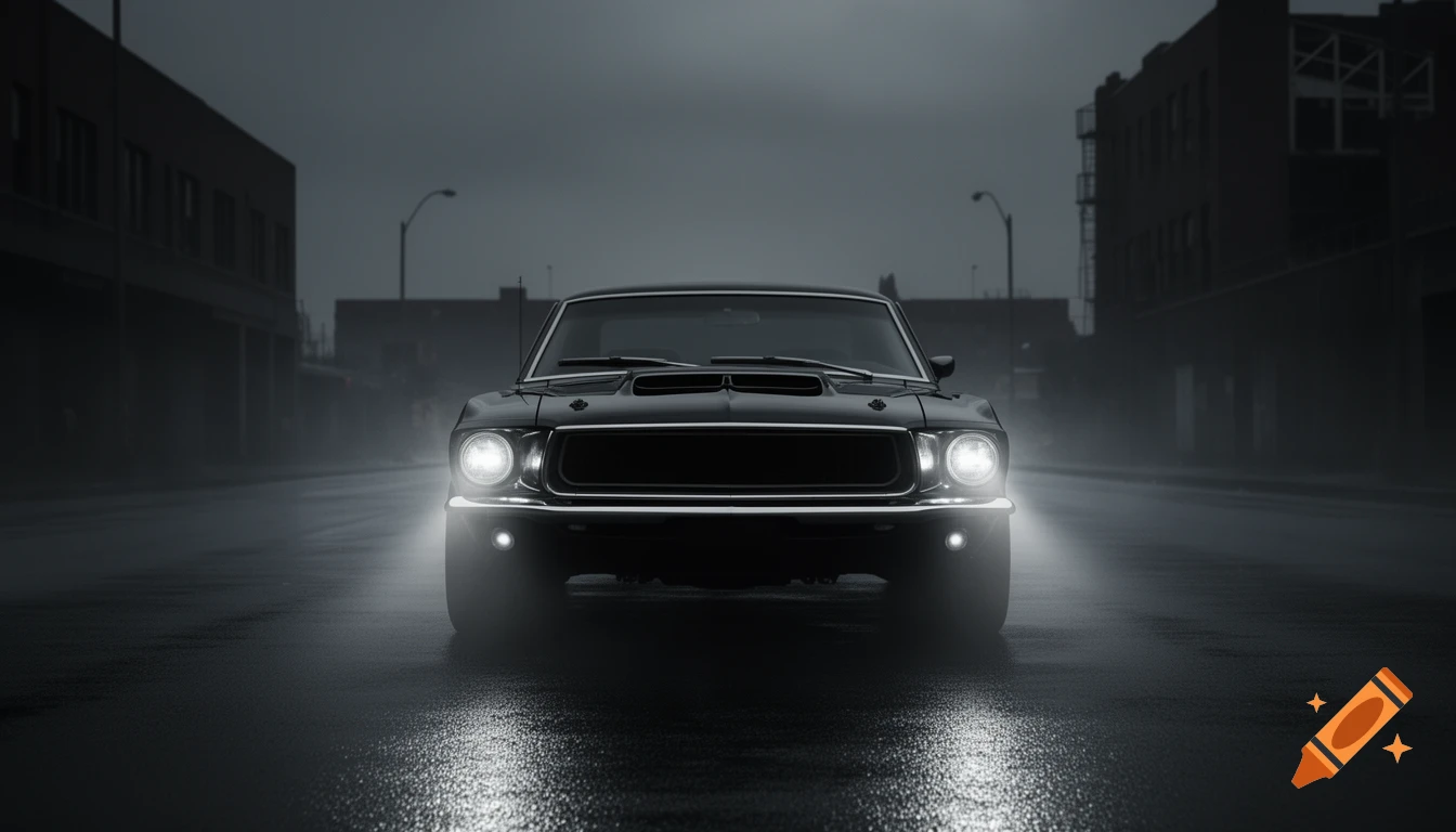 Front view of a black classic muscle car with bright headlights on a wet city street at night, dark and moody atmosphere.