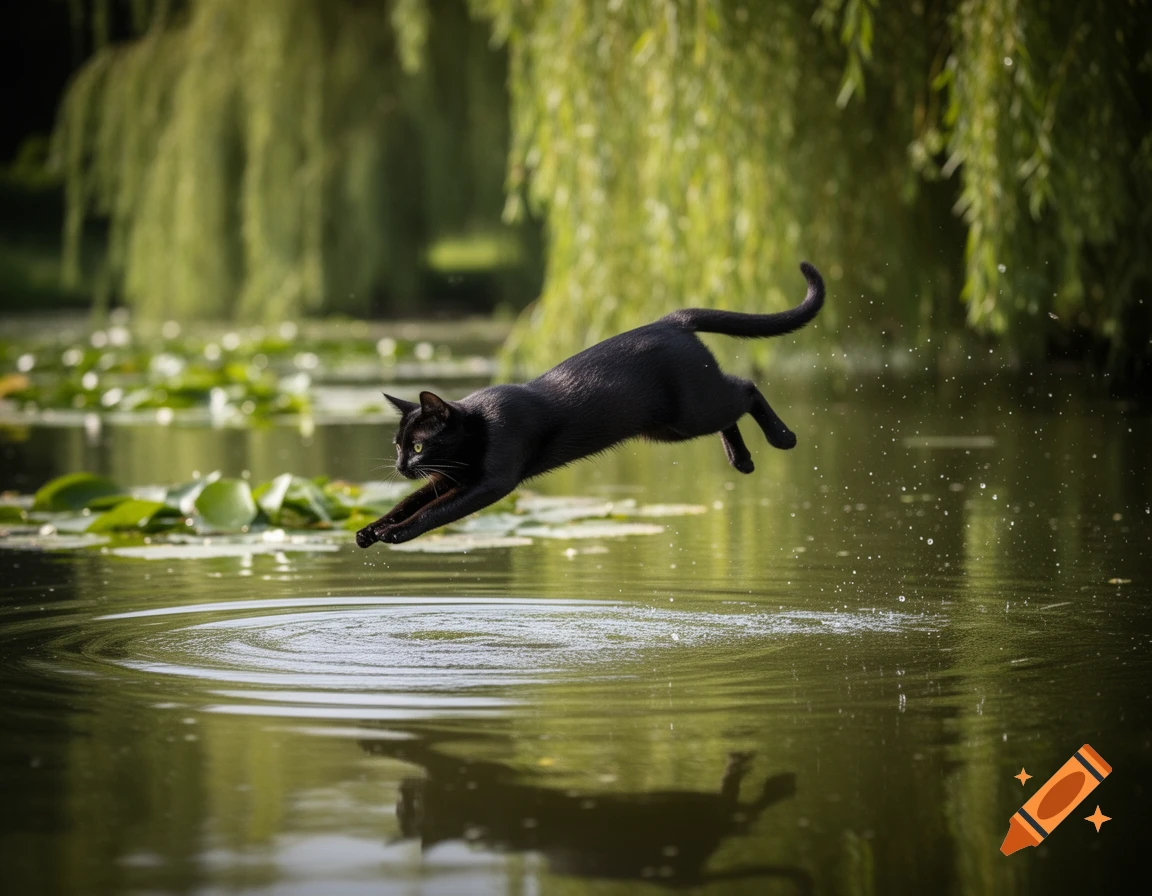 A sleek black cat leaps across a tranquil pond with lily pads and willow trees in the background, making ripples in the water.