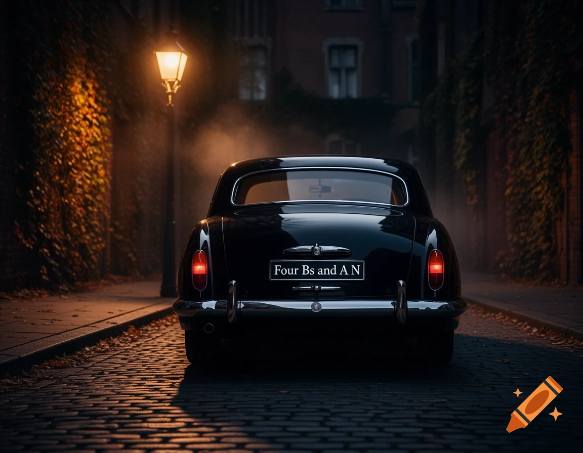 Rear view of a black classic car with a license plate on a dimly lit cobblestone street at night, under a glowing street lamp.