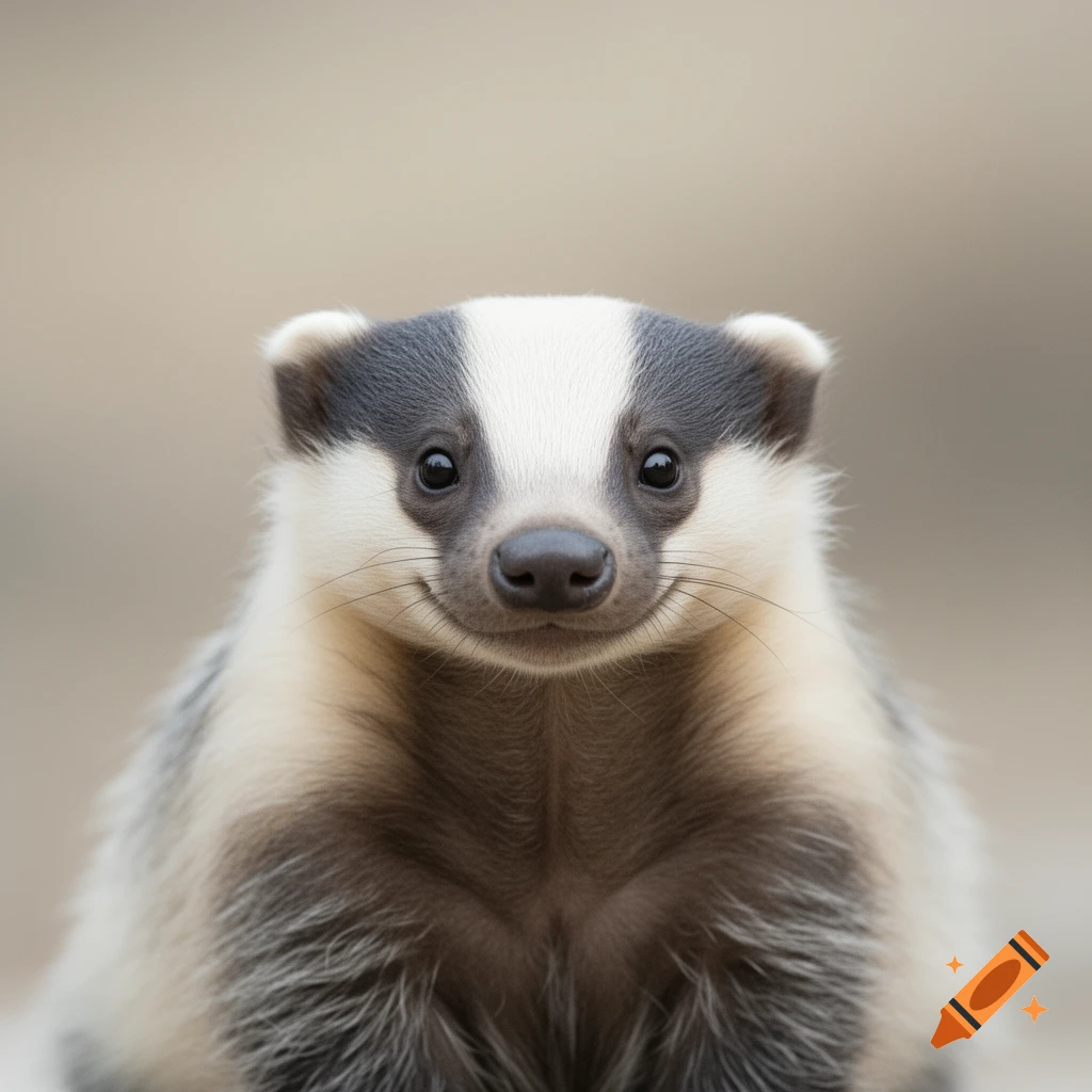 Close-up, photorealistic image of a cute badger with a smiling face and black and white striped fur.