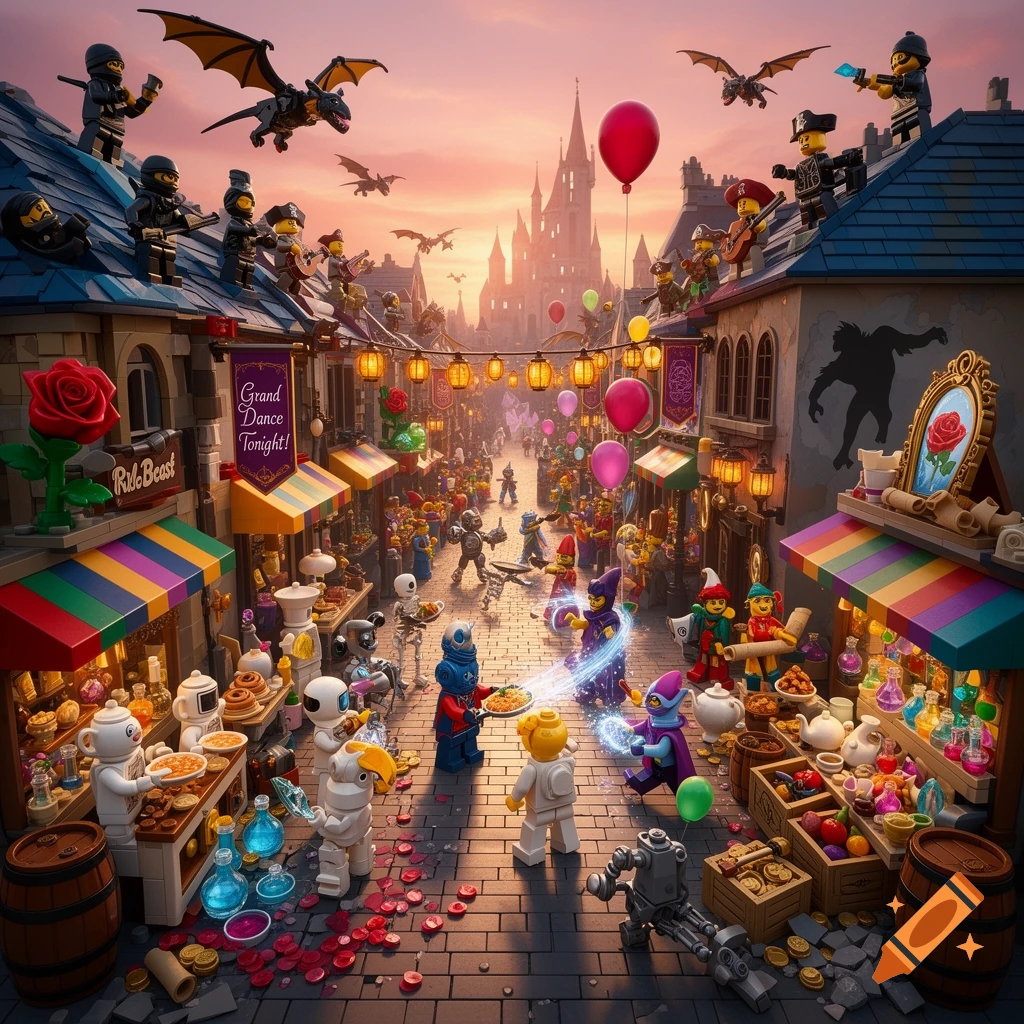 Overhead view of a chaotic LEGO fantasy street at golden hour, packed with minifigures, market stalls, dragons, and a castle in the background.